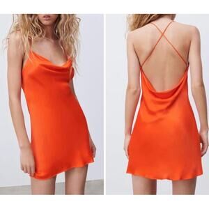Zara Short Satin Effect Dress Cowl Neck Exposed Back Strappy Draped Mini Dress